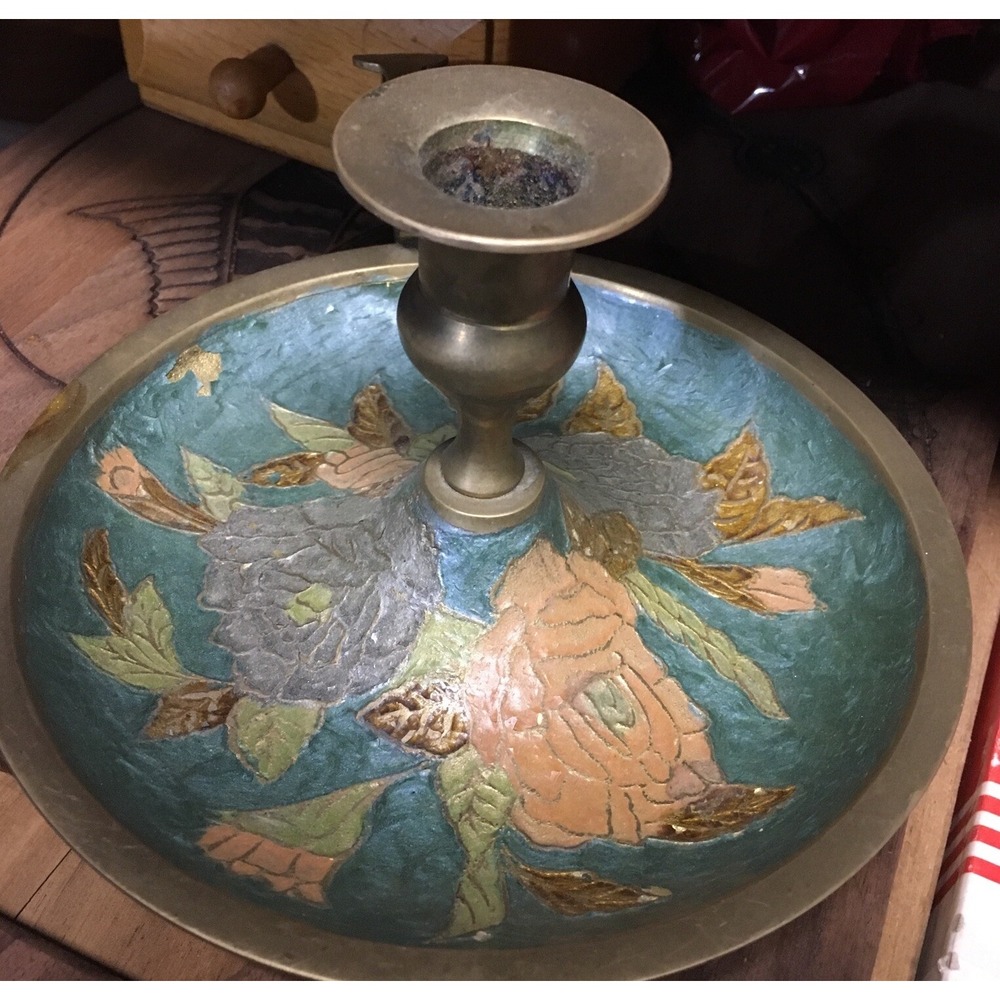 Vintage turquoise cloisonné brass handle candle stick